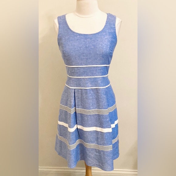 Ann Taylor Dresses & Skirts - Ann Taylor Blue White Striped Textured Linen Blend Sleeveless Lined MIDI Dress 4